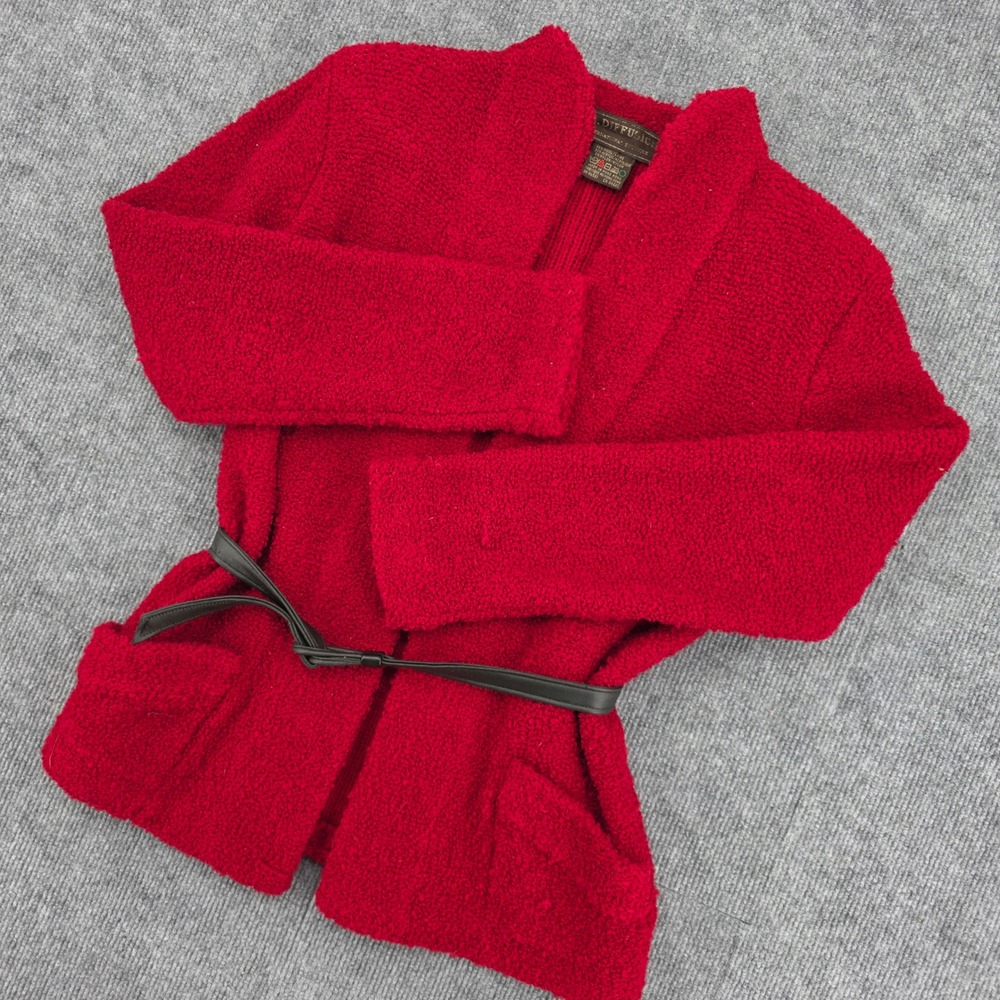 LB Diffusion Red Wool Blend Boucle Belted Cardigan Sweater Jacket Small Vintage